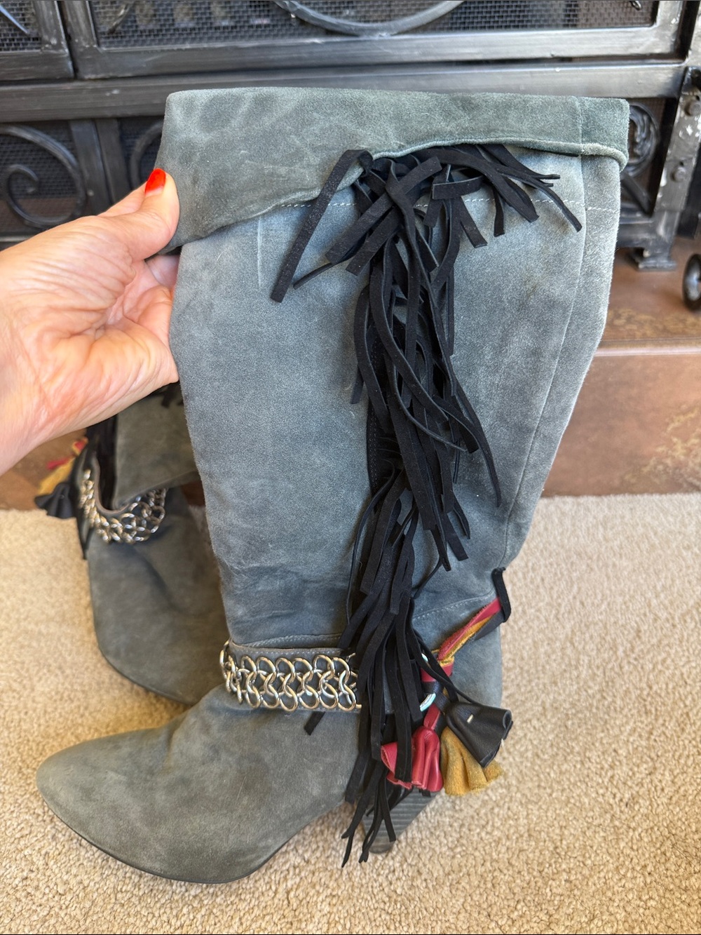 Isabel Marant Women’s Suede Fringe Knee-High Boots - Gray